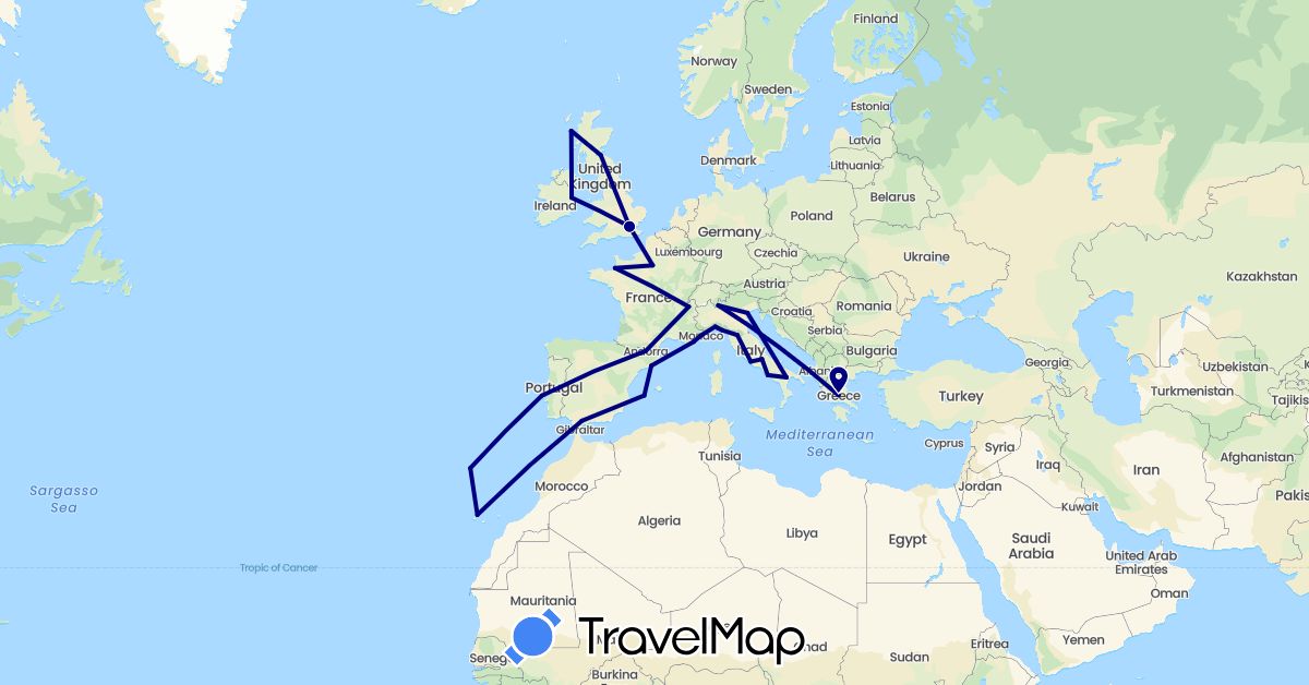 TravelMap itinerary: driving in Andorra, Spain, France, United Kingdom, Greece, Ireland, Italy, Monaco, Portugal (Europe)